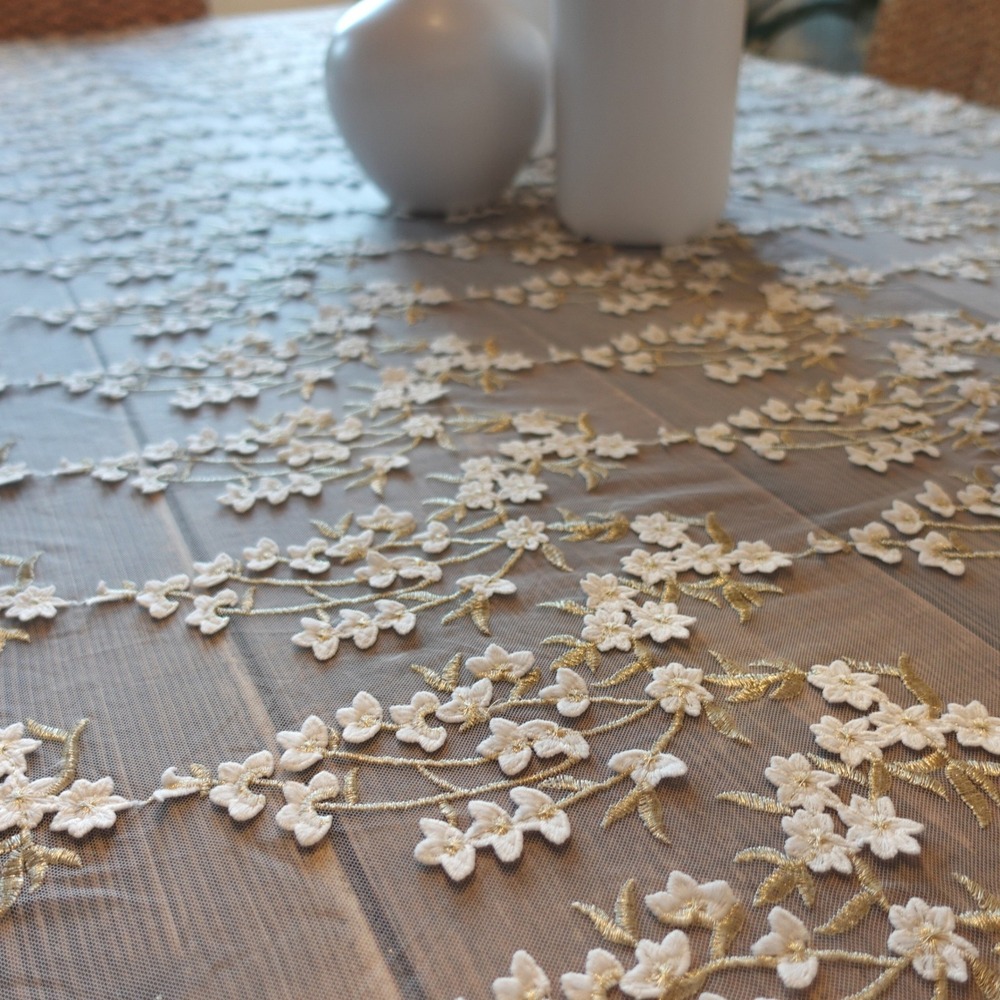 Nuage Ethereal 108" Round‎ Tablecloth White Gold Lace Floral Sheer Boho Wedding